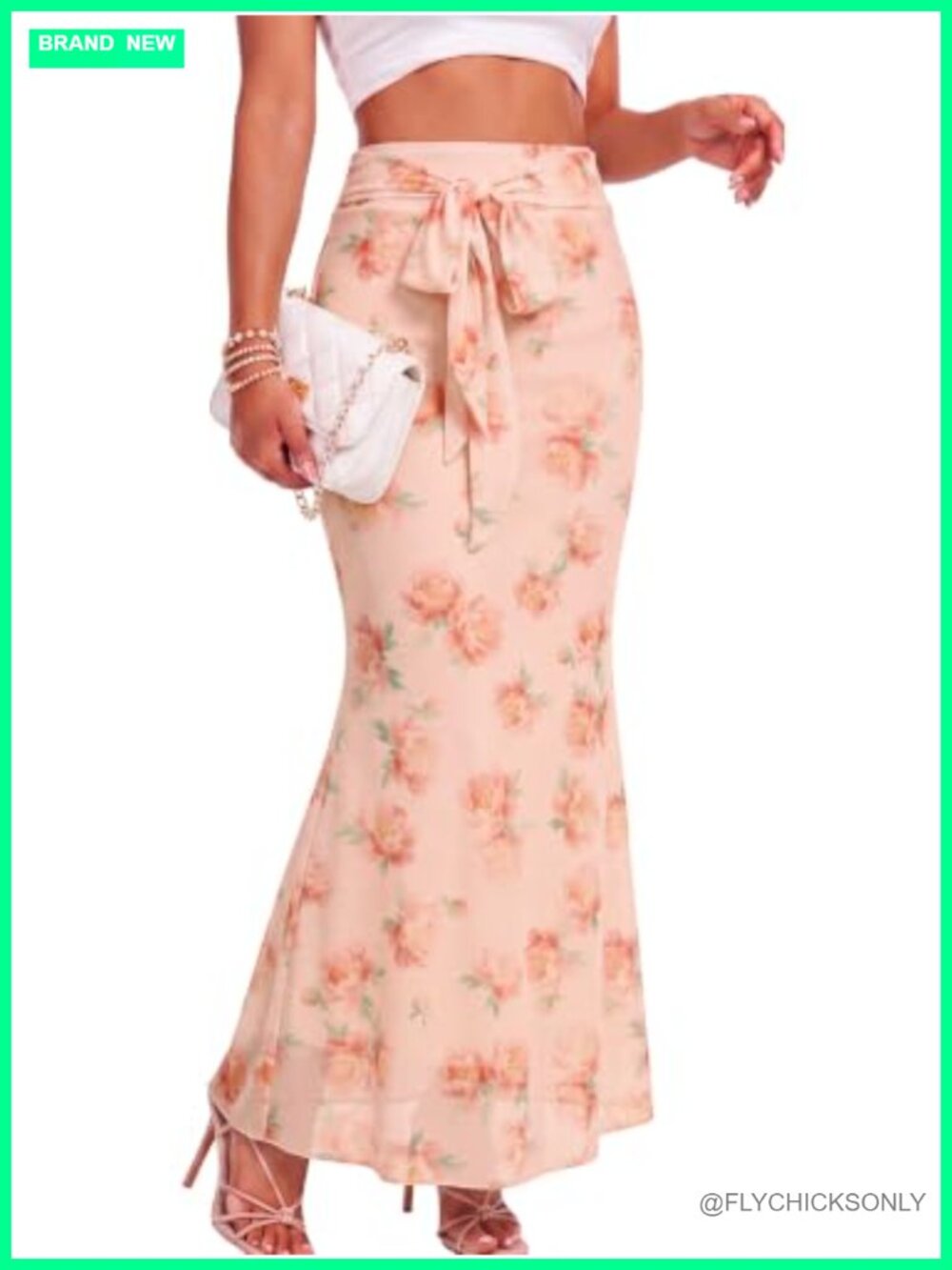 Women's Mesh High Waisted Maxi Skirt Floral Print Lettuce Trim Tie Waist